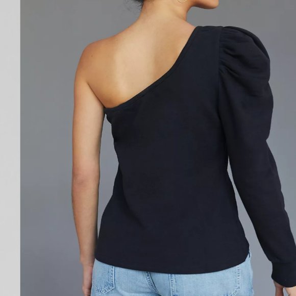 New Anthropologie Bishop + Young One Shoulder Pullover Sweatshirt Black‎ XL - Picture 2 of 10